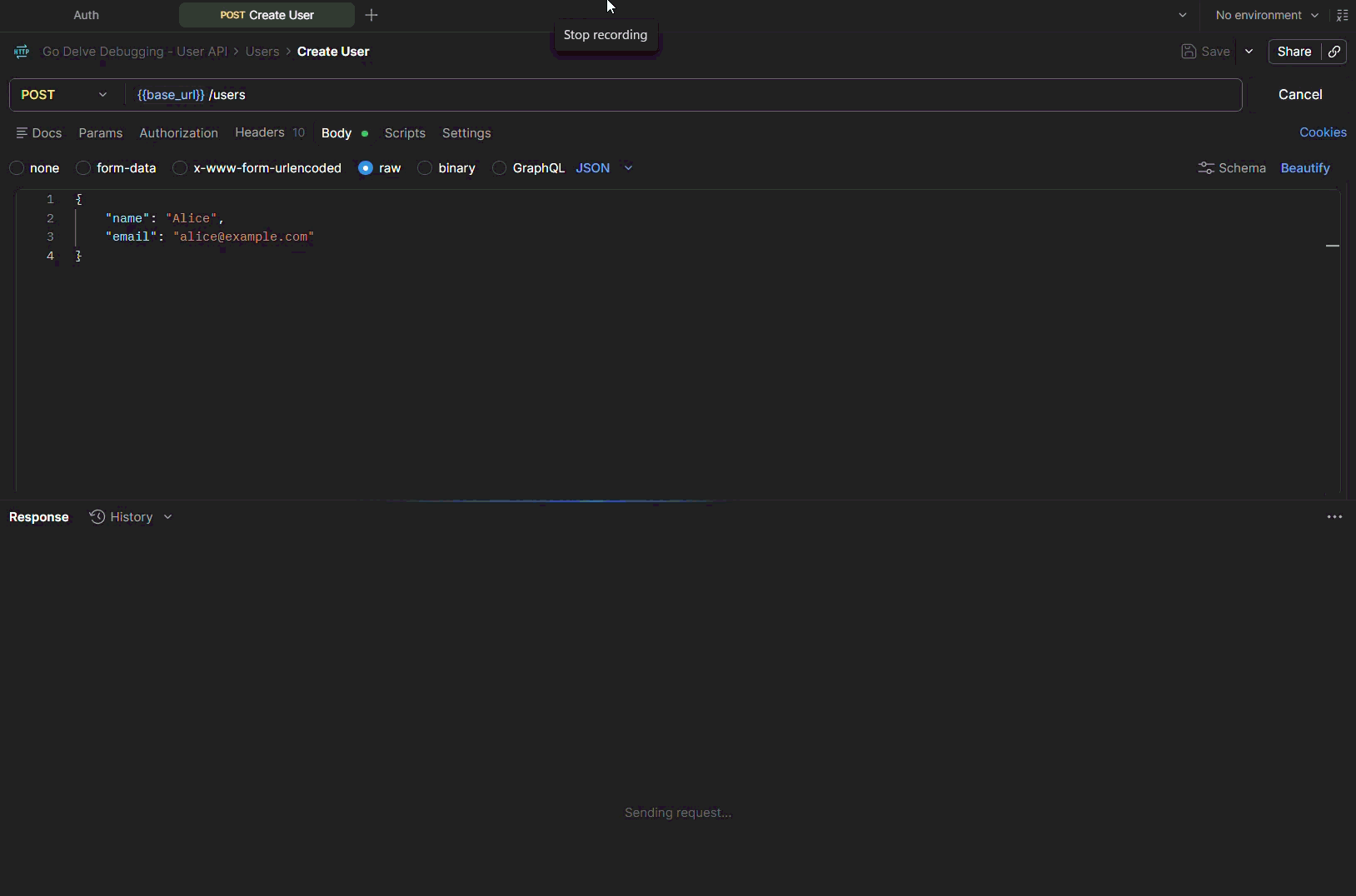 Demo: Postman request triggering a breakpoint pause in VS Code with Delve
