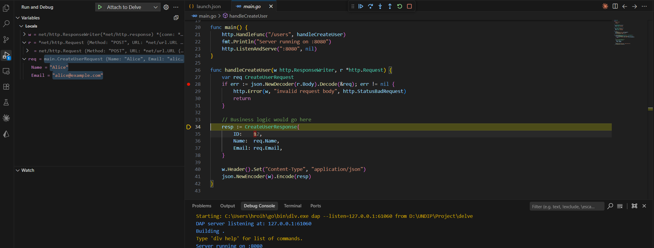 VS Code paused at breakpoint inside handleCreateUser — Variables panel showing req.Name and req.Email
