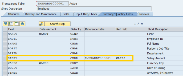 Currency/Quantity Fields tab — SALRY linked to WAERS in ZMHRABDT000001