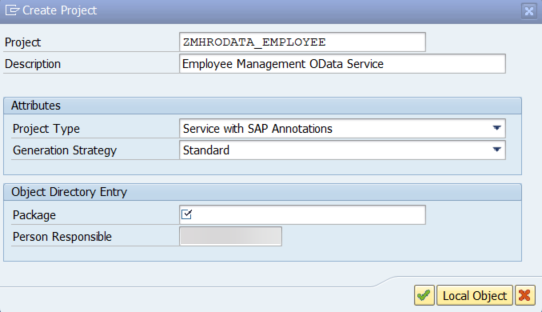 Create Project dialog in SEGW